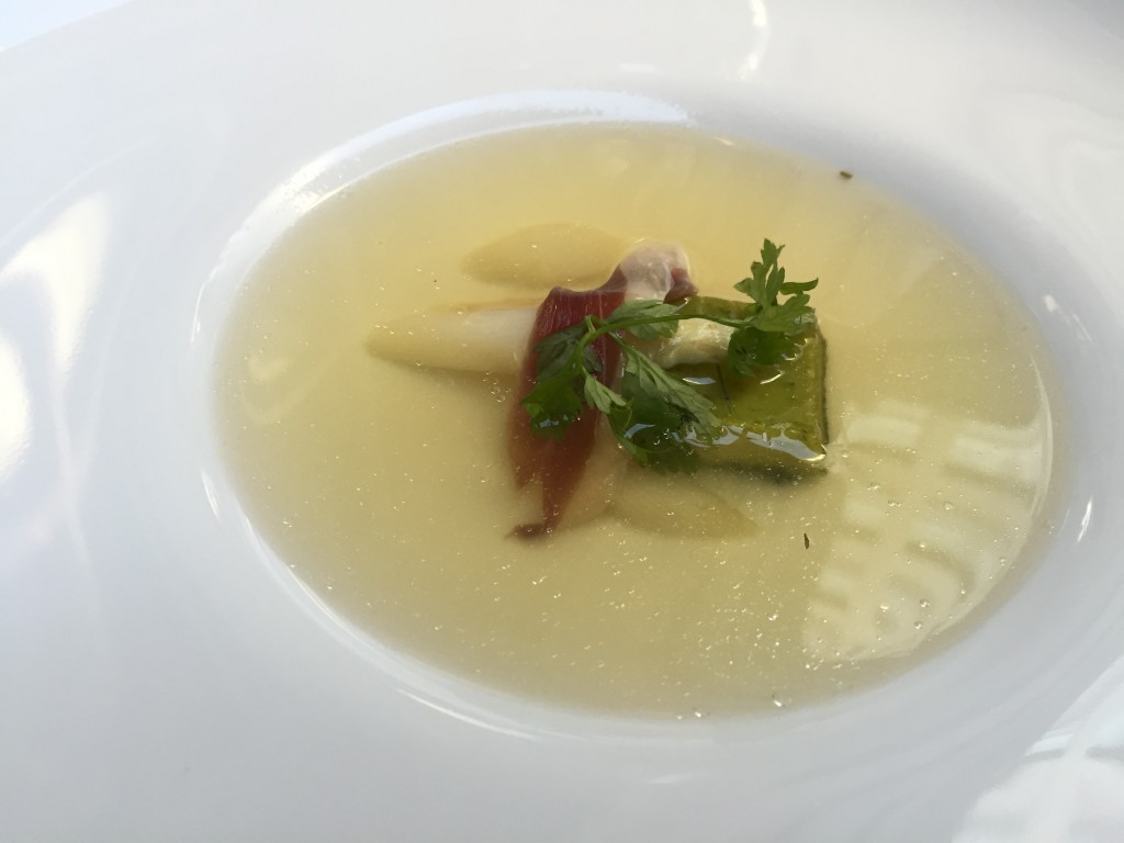 White asparagus essence, chervil-royal, smoked duck breast