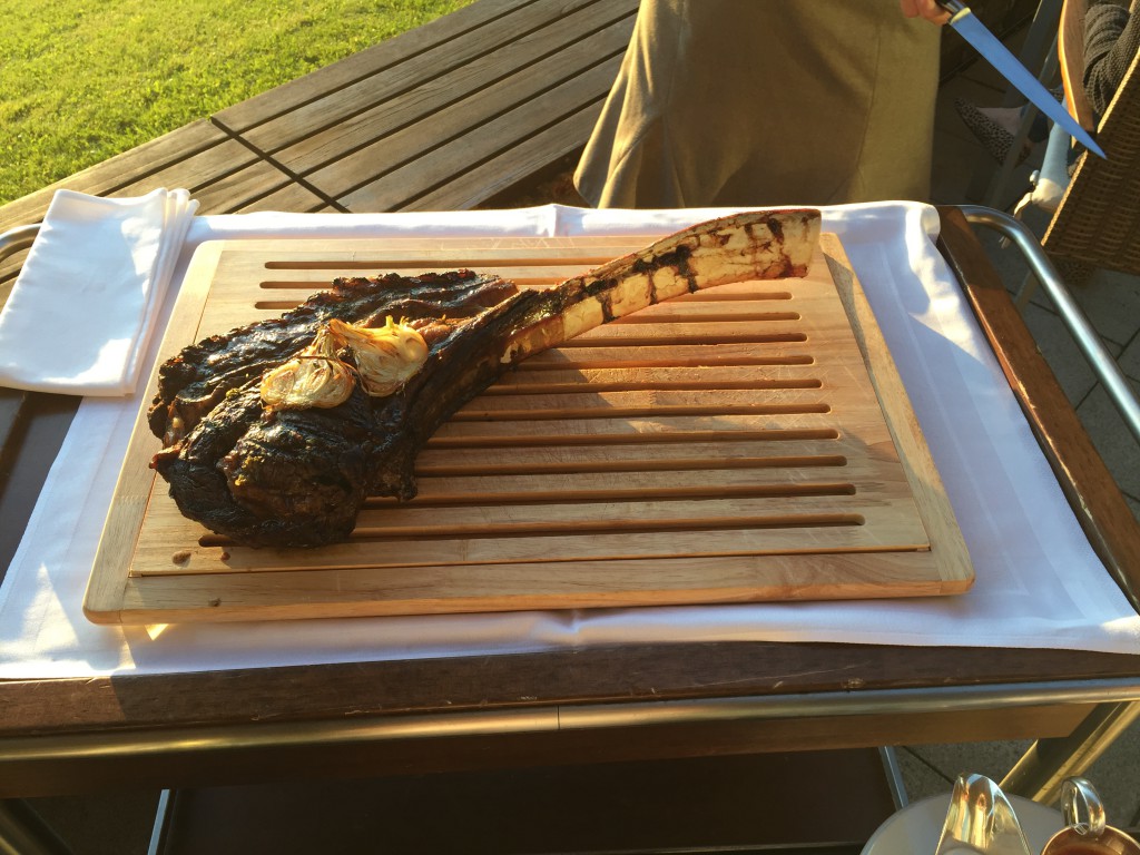 Dry aged Tomahawk Steak from German Fleekvich cattle