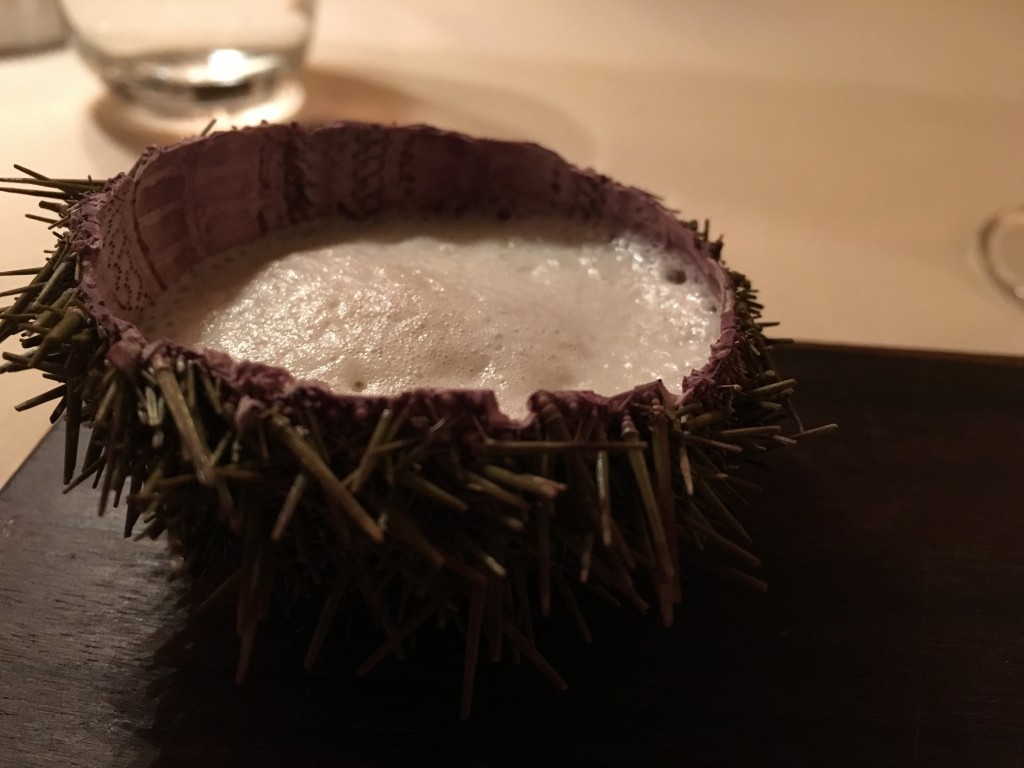 Sea Urchin, Bitter almond and a glass of Domaine Lupin, Roussette de Savoie 'Frangy' France 2012