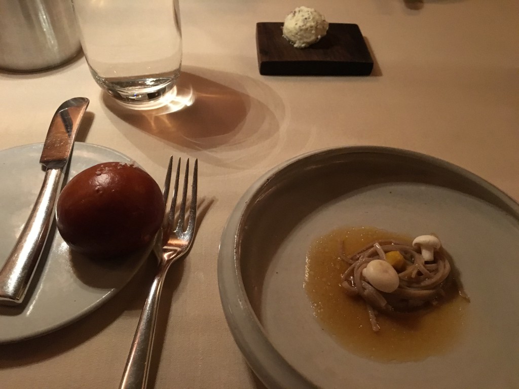 Buckwheat Noodles, butternut miso and a glass of liqueurs made from 72 different varieties of tomatoes, a really nice pairing; Laurent Cazottes '72 tomates' Villeneuve-sur-Vére, France