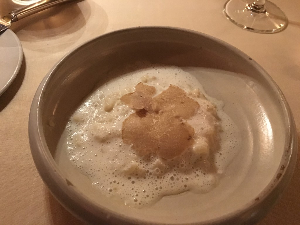 Carnoroli Rice, Celery root and white Truffle and a glass of Domaine Phillipe Faury, Saint-Joseph, France 2012