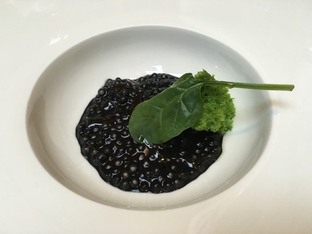 Appetiser: Fake risotto - Manioke farvet med blæksprutteblæk og spinat mousse